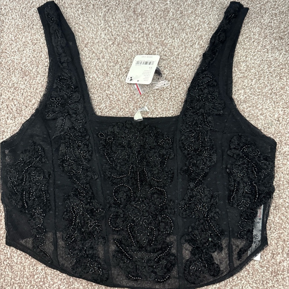 Free People Black Beaded Lace Blouse